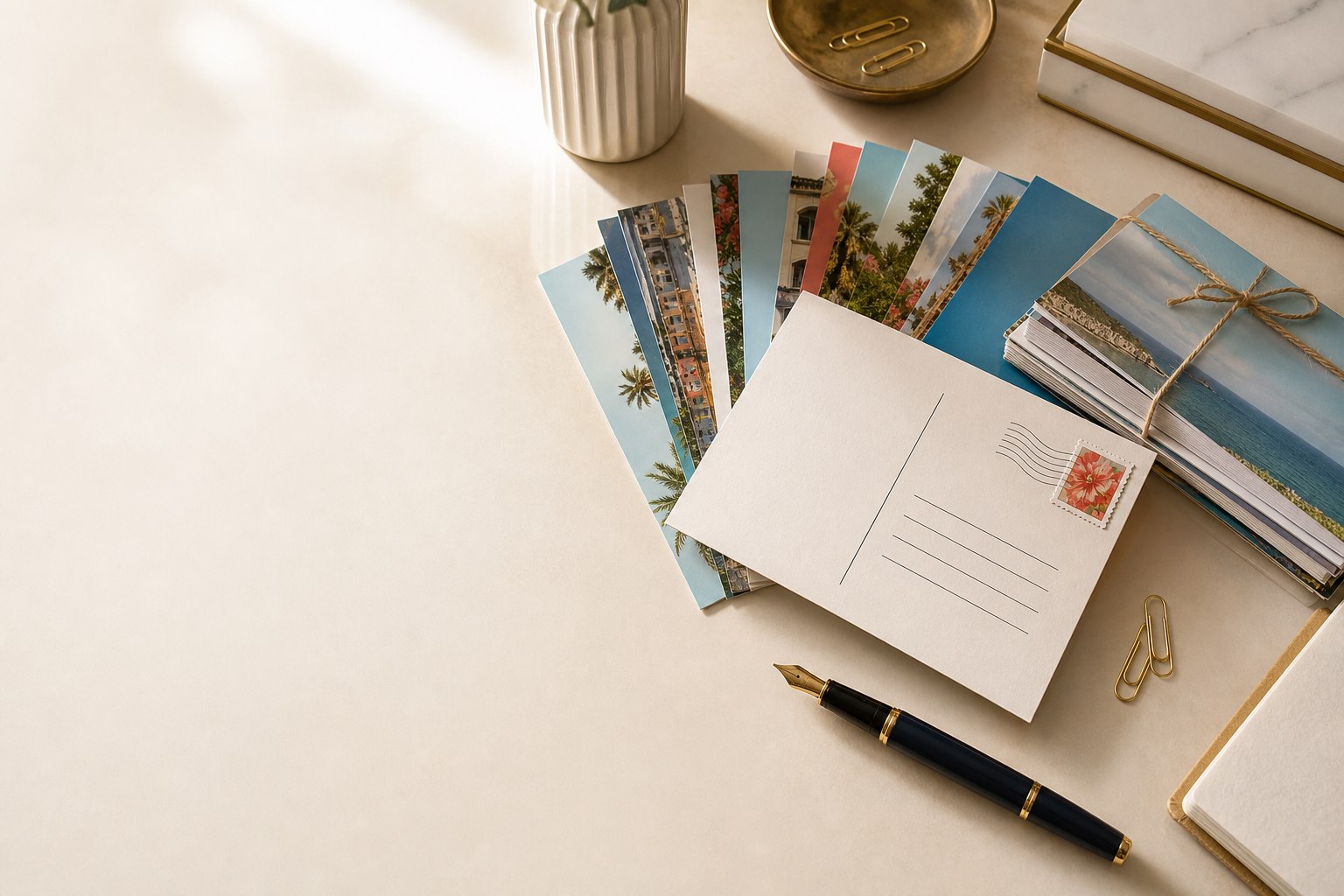 Addressed postcard and colorful postcard fronts