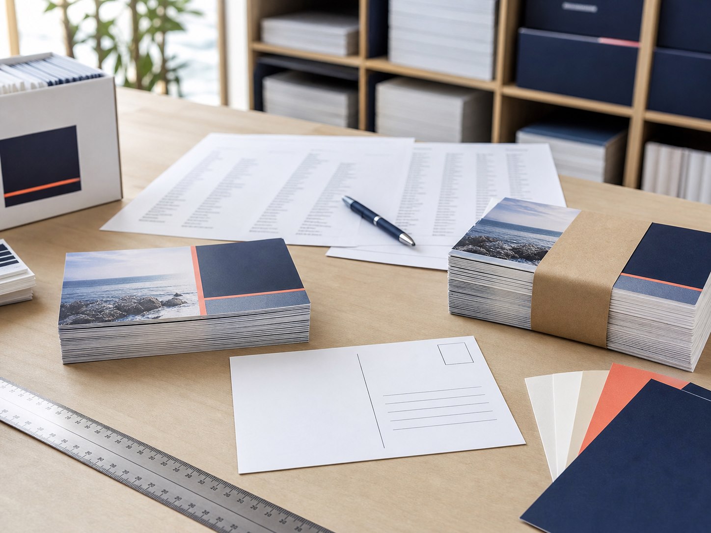 Prepared postcard batches in a print studio